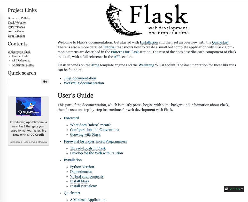 Flask's documentation focuses on their content. The developer-focused ad complements without getting in the way.