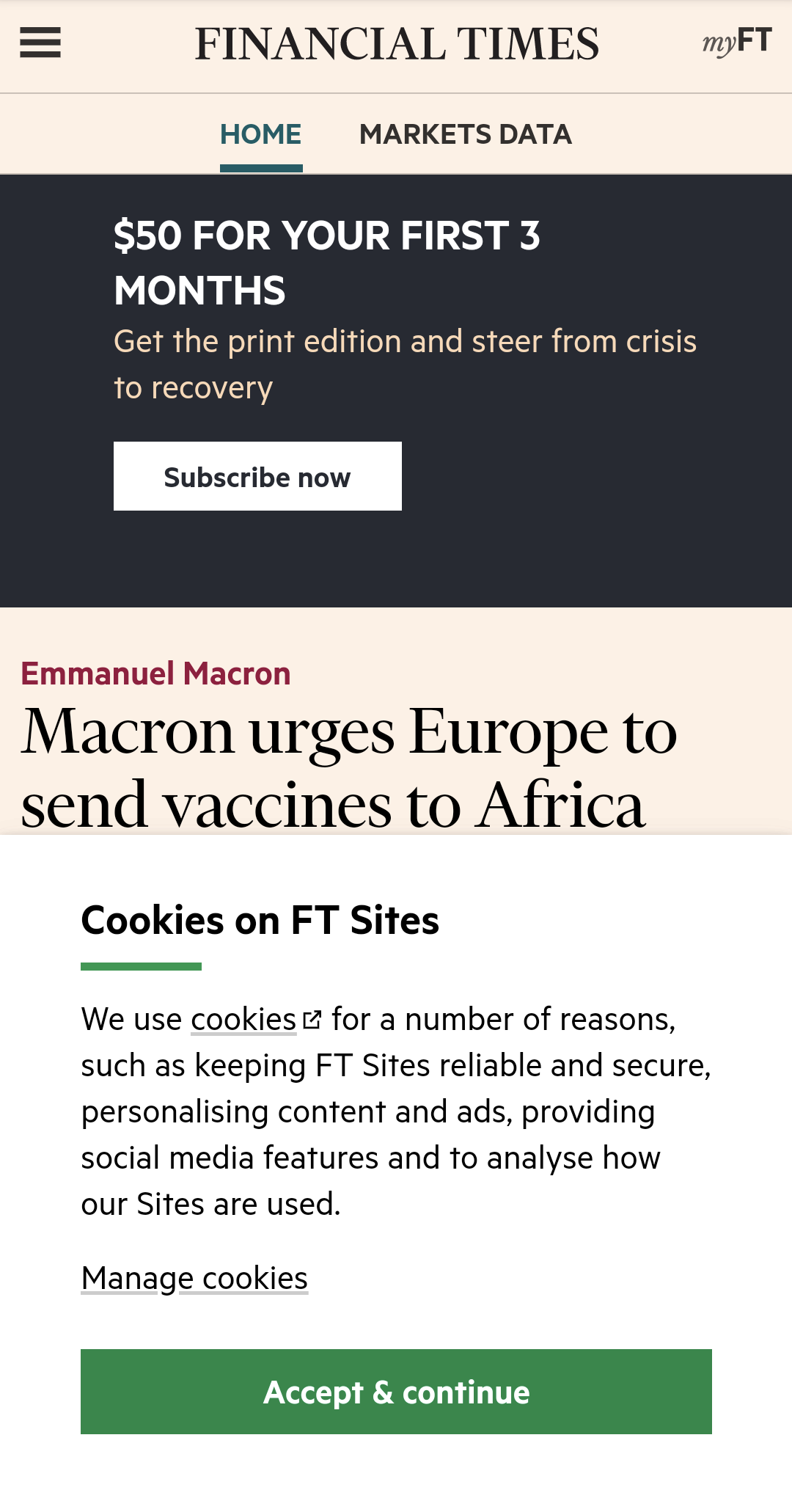 A cookie banner on the Financial Times taking up about half the screen