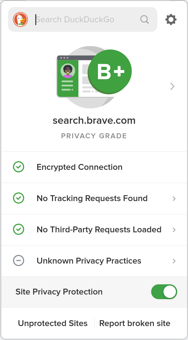 Results of DuckDuckGo's Privacy Essentials (using Tracker Radar) on Brave Search