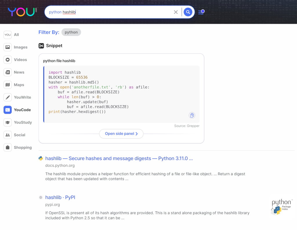 Details of Python's hashlib in YouCode search