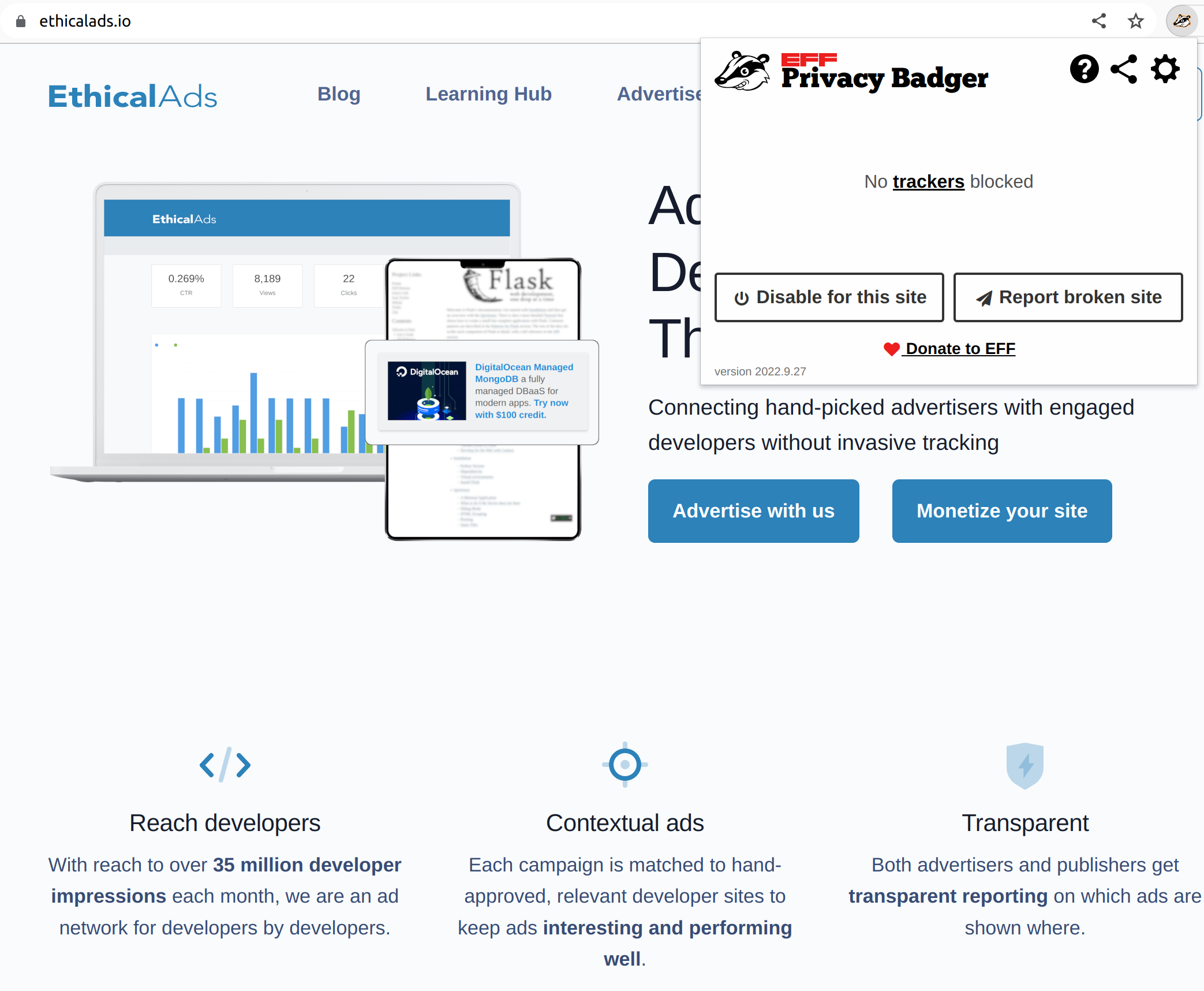 Results of the EFF's Privacy Badger on our homepage showing no trackers