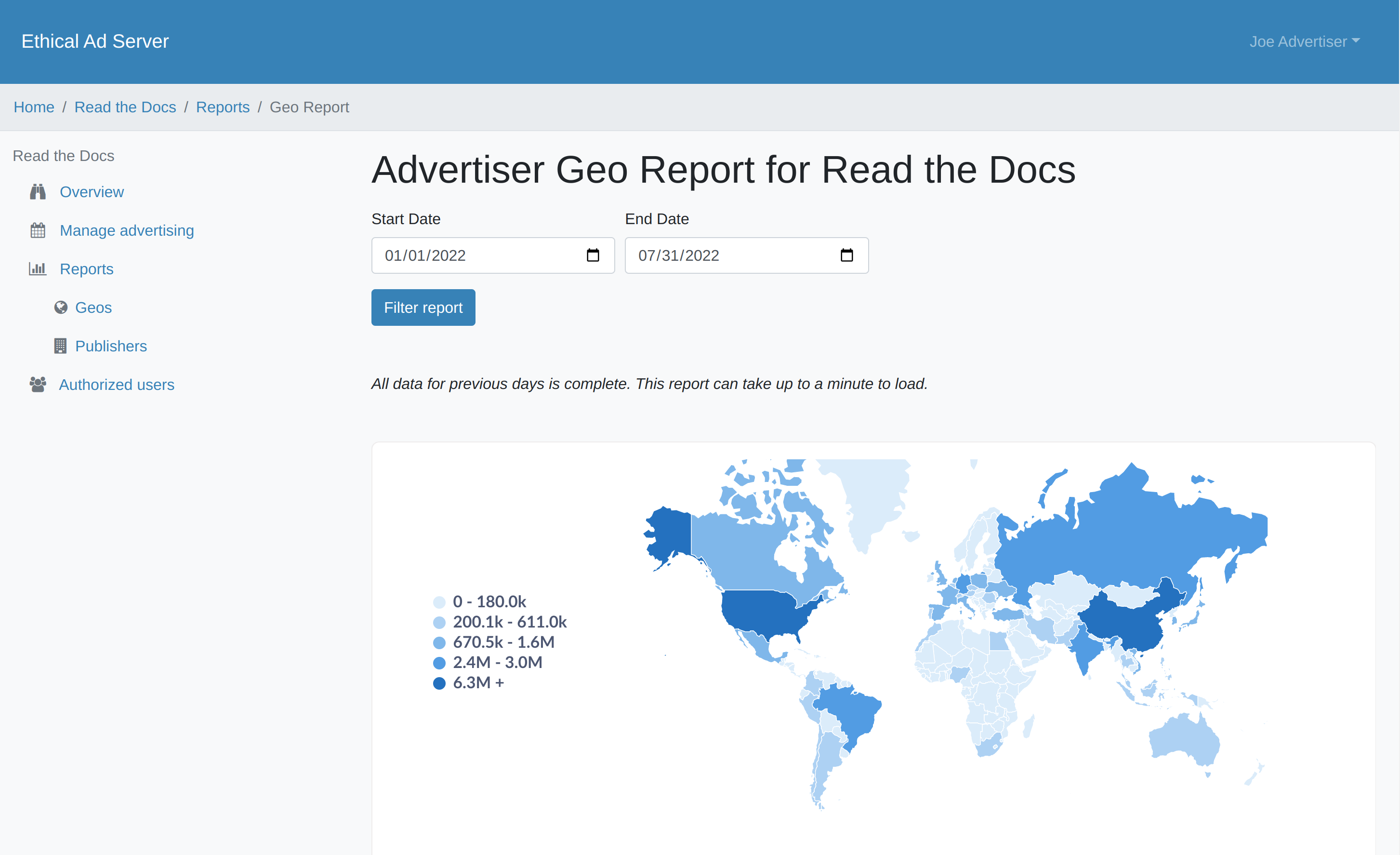 Reporting screenshot showing geographic breakdown